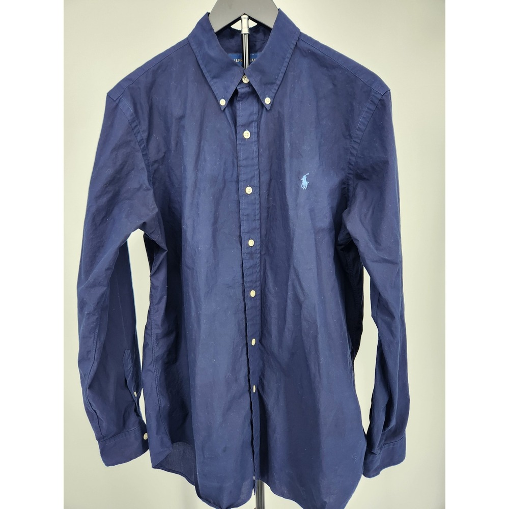 Ralph Lauren Mens Navy Blue 100% Cotton Stretch Button Down Shirt Large L Pony